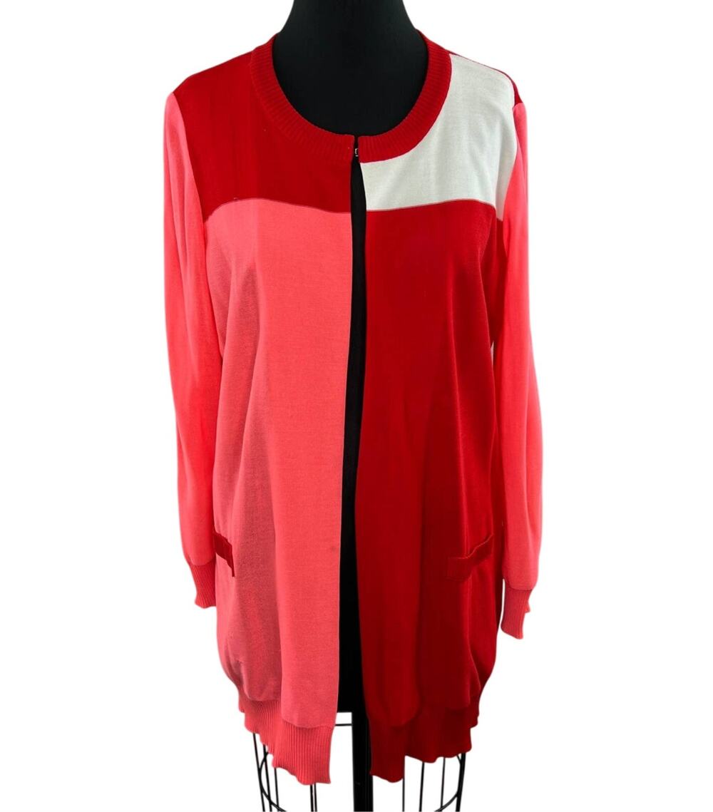 MISOOK Acrylic Knit Pink Red White Colorblock Colorful Bold Sweater Cardigan XL
